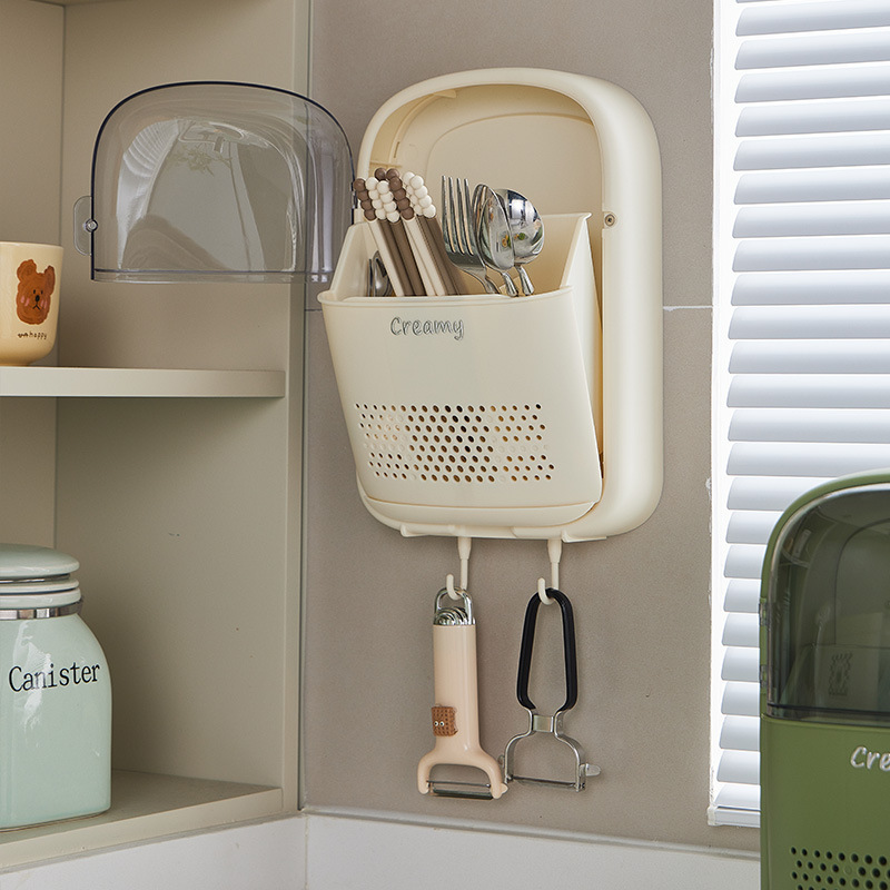 New chopstick holder storage rack, household wall-mounted chopstick basket, kitchen 筷笼 moisture-proof spoon with lid, draining water storage box Specification image
