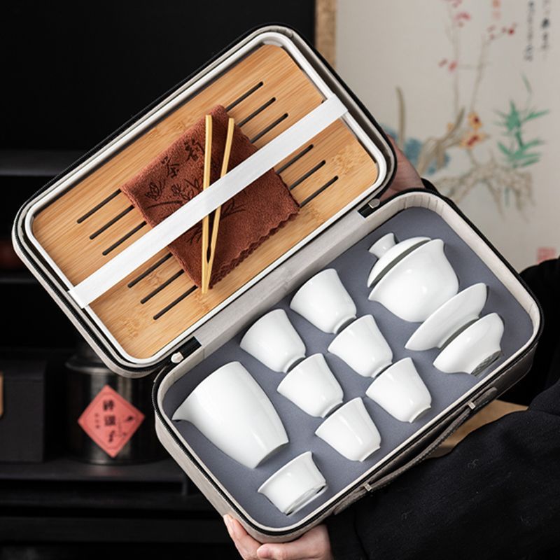 "Jadeite travel tea set, outdoor convenient white porcelain Gongfu tea art supplies, company business souvenirs.
