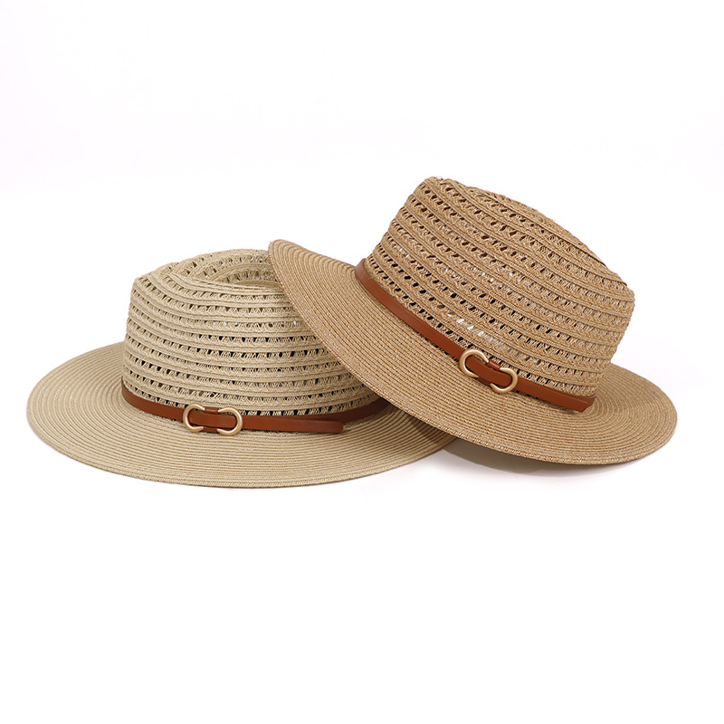 Nuevo francés retro calado tejido sombrero de paja jazz cinturón sombrero mujer verano playa playa vacaciones viento protector solar sombrero Item Picture