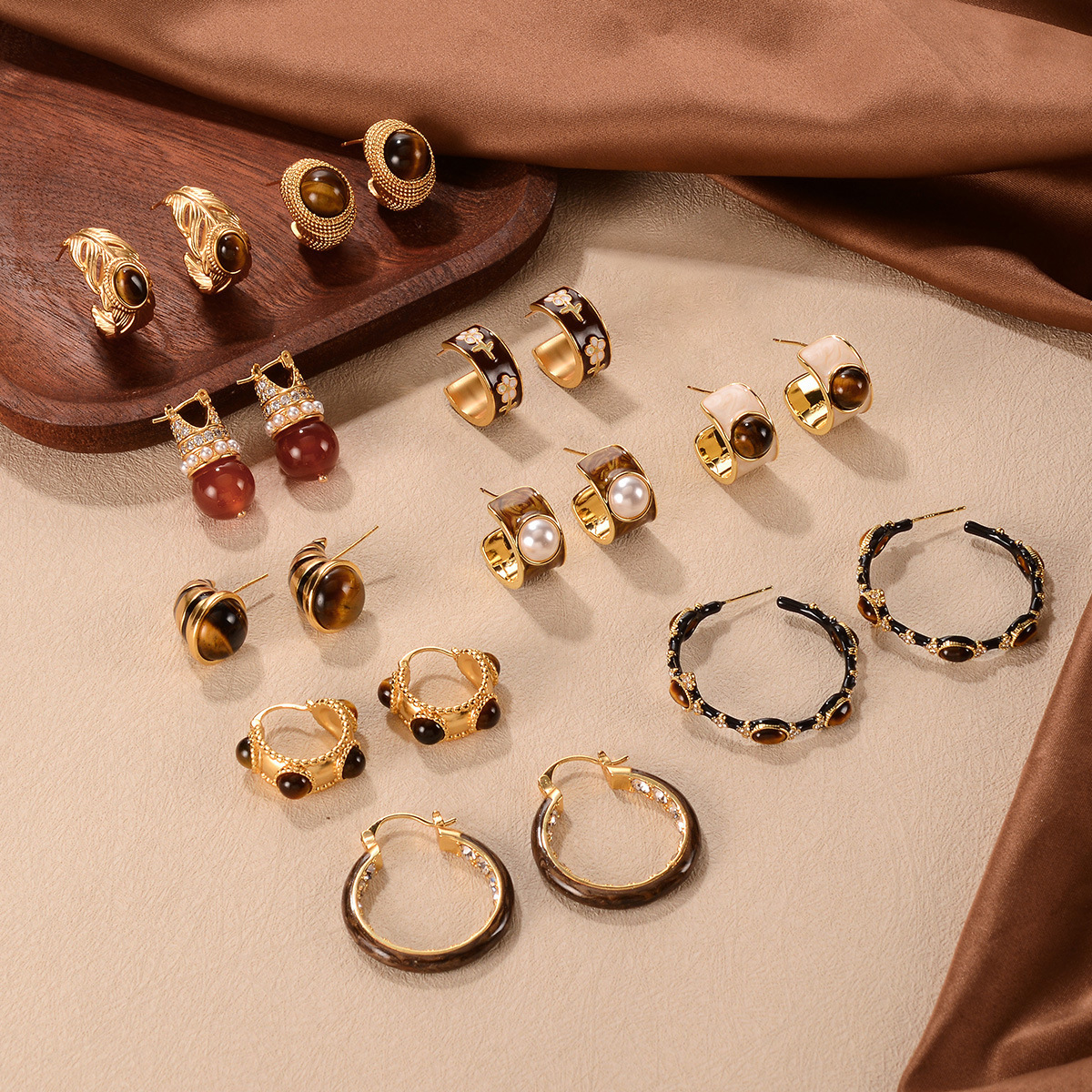 美拉德复古C字型耳环虎眼石设计小众中古vintage时尚简约咖色耳饰