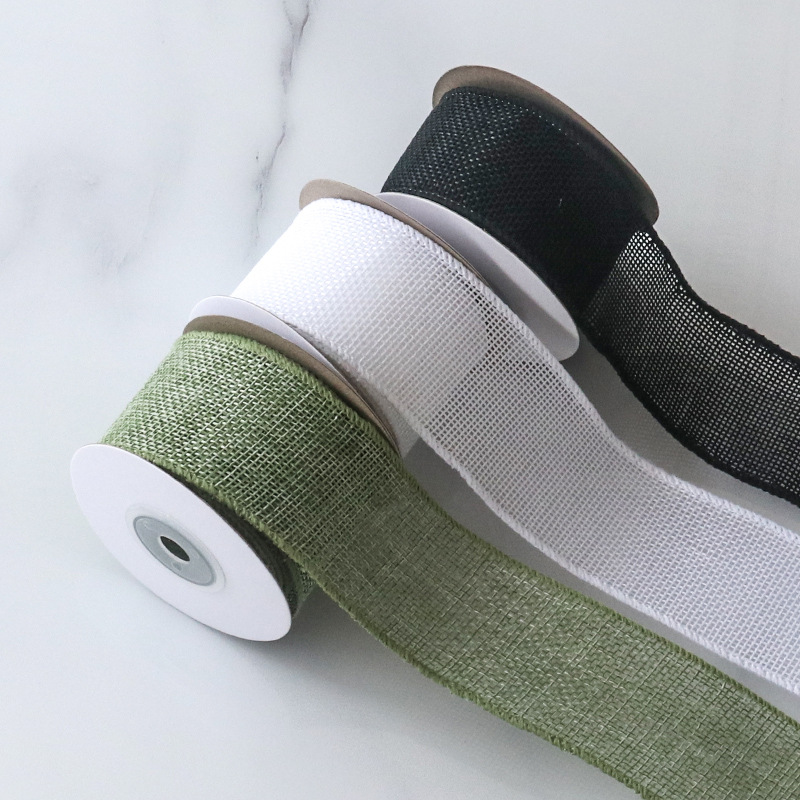 彩色仿麻织带铁丝边定型麻布卷圣诞装饰diy手工丝带原麻亚麻色4cm细节图