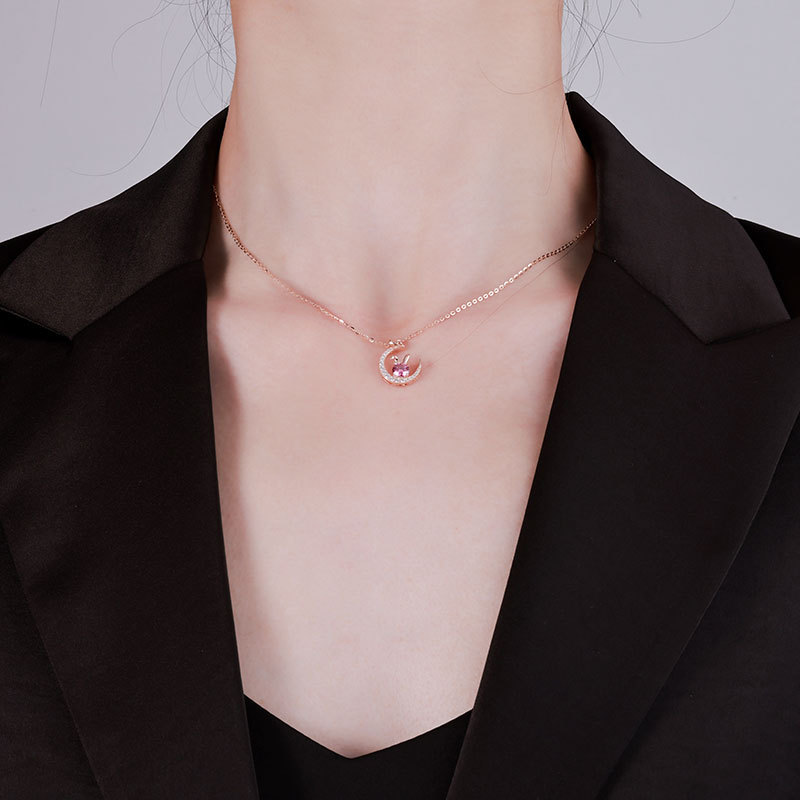 Zhuoheng Select Women's Light Luxury Niche S925 pure silver pink Moissanite rabbit Design pendant, zodiac Year Jade Rabbit Specification image