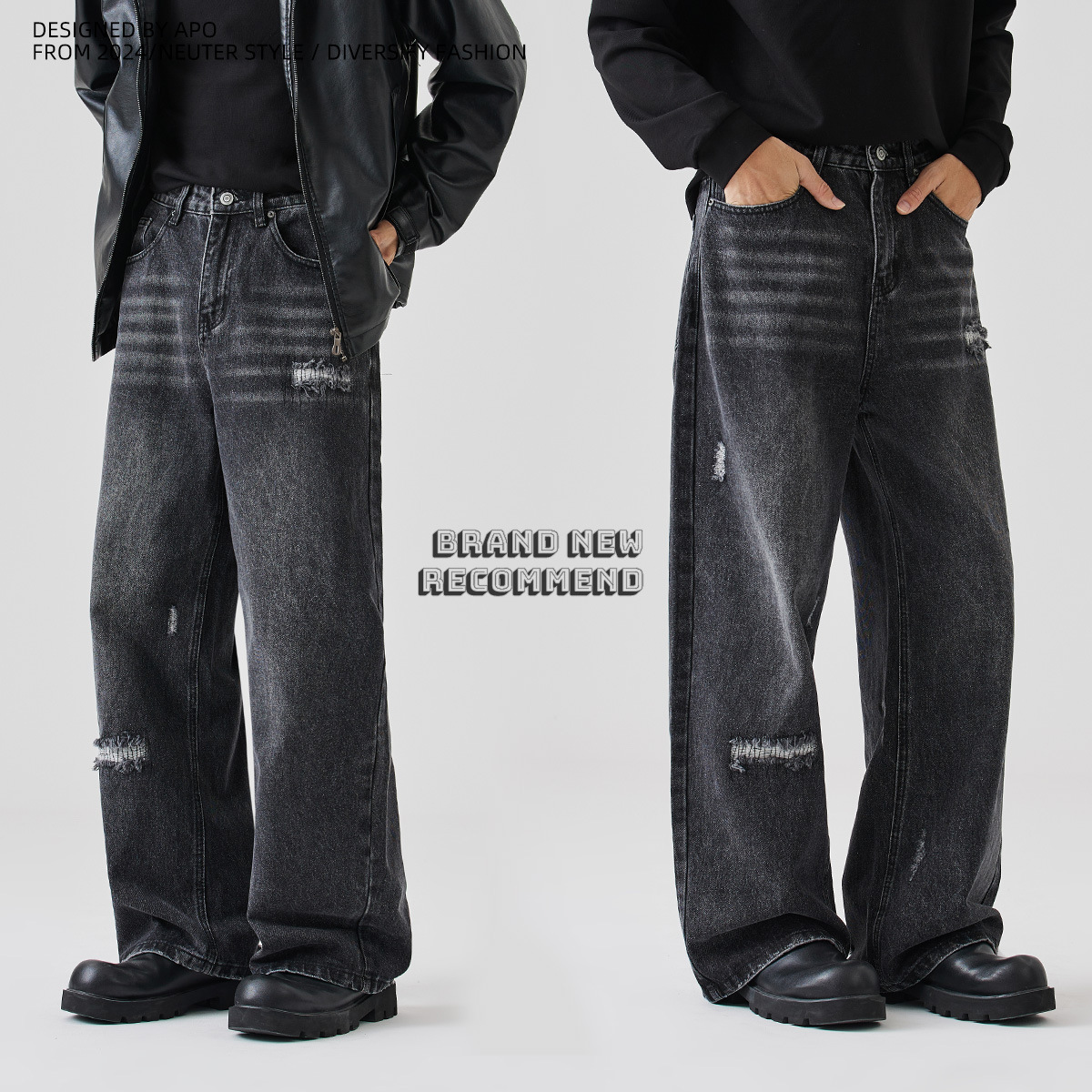 APO Men's Wear: High-end washed jeans for autumn and winter, trendy ripped Korean-style loose straight-leg casual pants Specification image