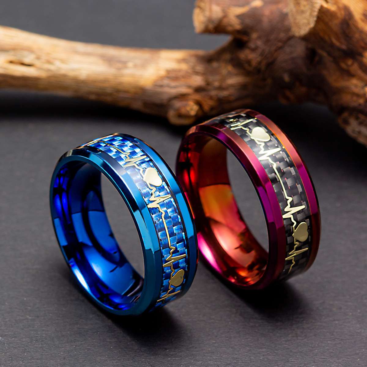 Amazon's best-selling Valentine's Day accessory: 8mm carbon fiber ring for couples, electrocardiogram heartbeat, titanium steel ring details Picture