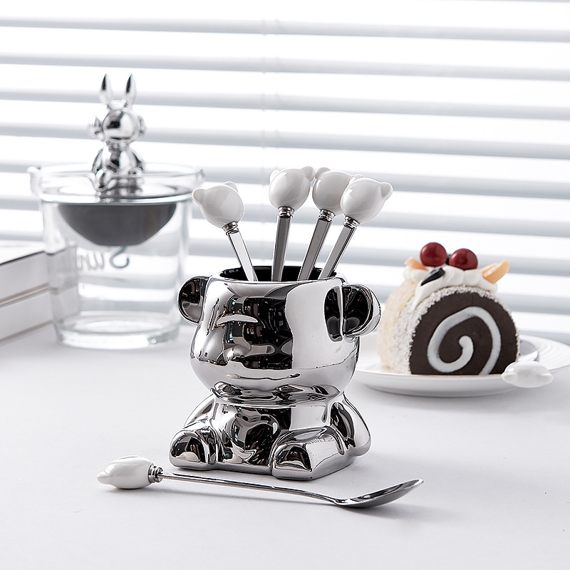 Ceramic Bear stainless steel fruit fork set, high appearance level fruit skewers, household light luxury forks and spoons, fruit forks wholesale details Picture