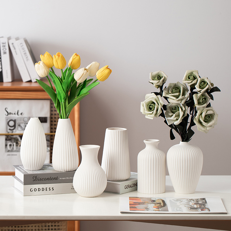 2026 Nordic ins Ceramic Vase, white frosted striped small flower vase, simple home living room artificial flower art display