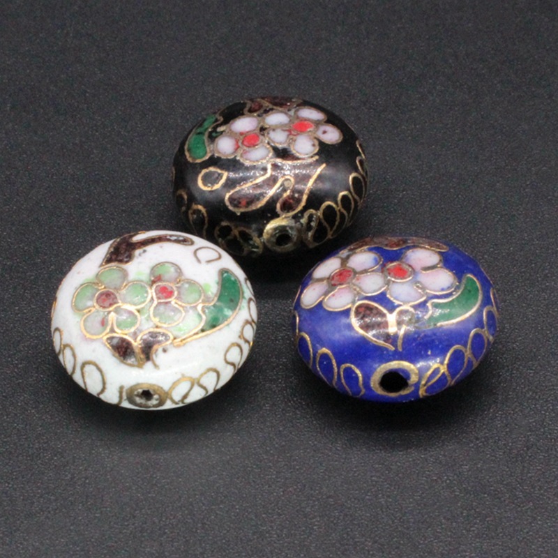Cloisonne vintage DIY prayer bead chain jewelry accessories, traditional copper base cloisonne enamel partition beads 16mm flat beads Specification image