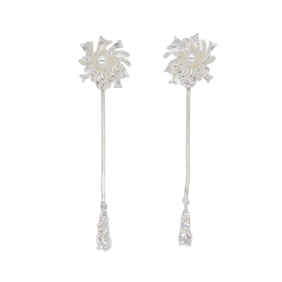 Xuhui brand's new copper-plated real gold S925 silver needle Korean-style elegant women's long tassel pearl petal earrings, high-end French earrings, retro earrings, exaggerated Item Picture