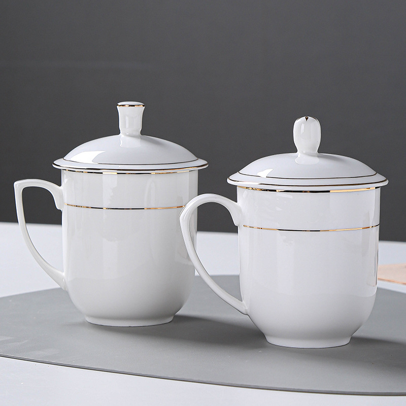 酒店宾馆陶瓷茶杯办公室会议杯水杯金边白色喝水杯带盖套装刻字细节图