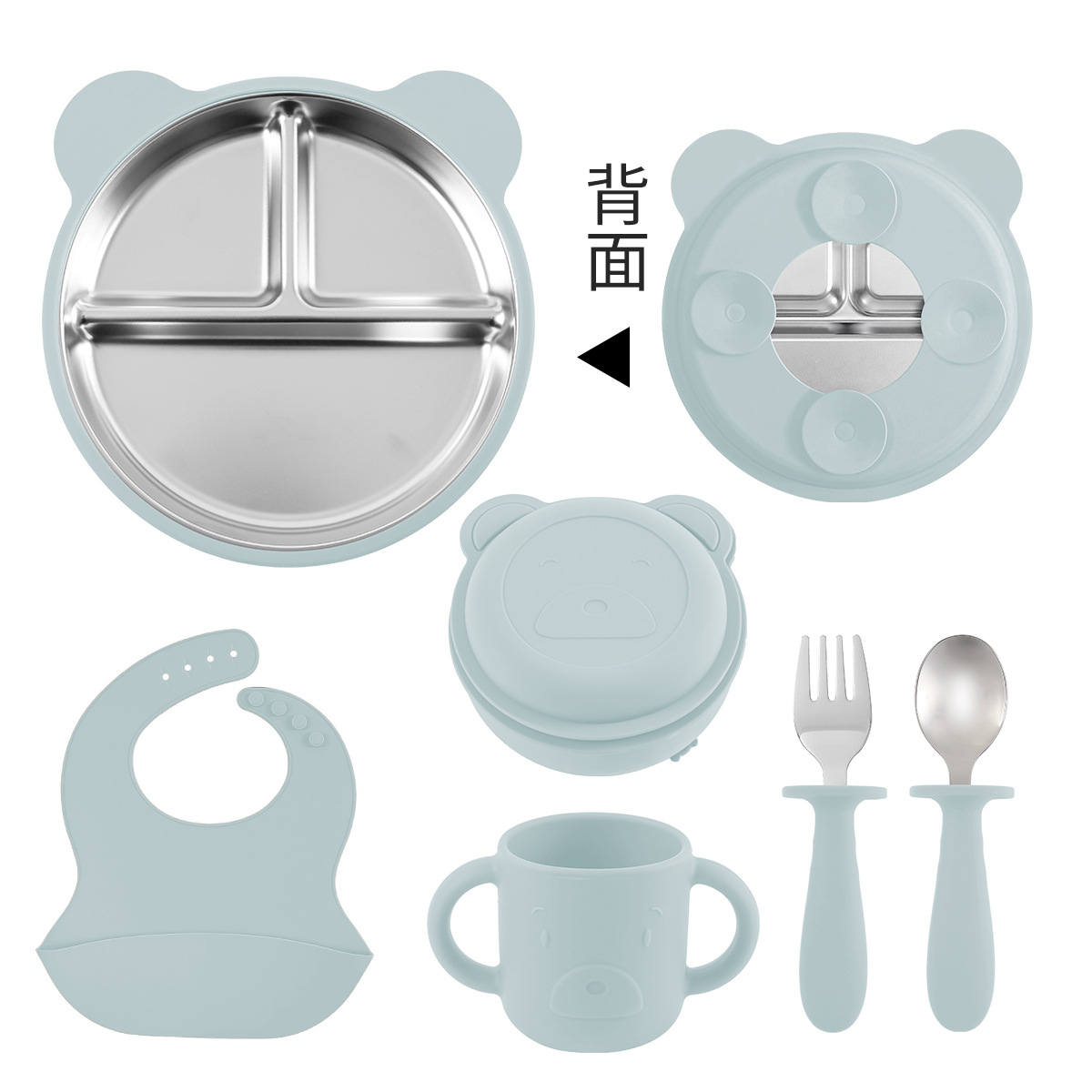 Cross-border new product 304 stainless steel silicone children's feeding set suction cups, baby complementary food plates, bowls, forks, spoons and tableware details Picture