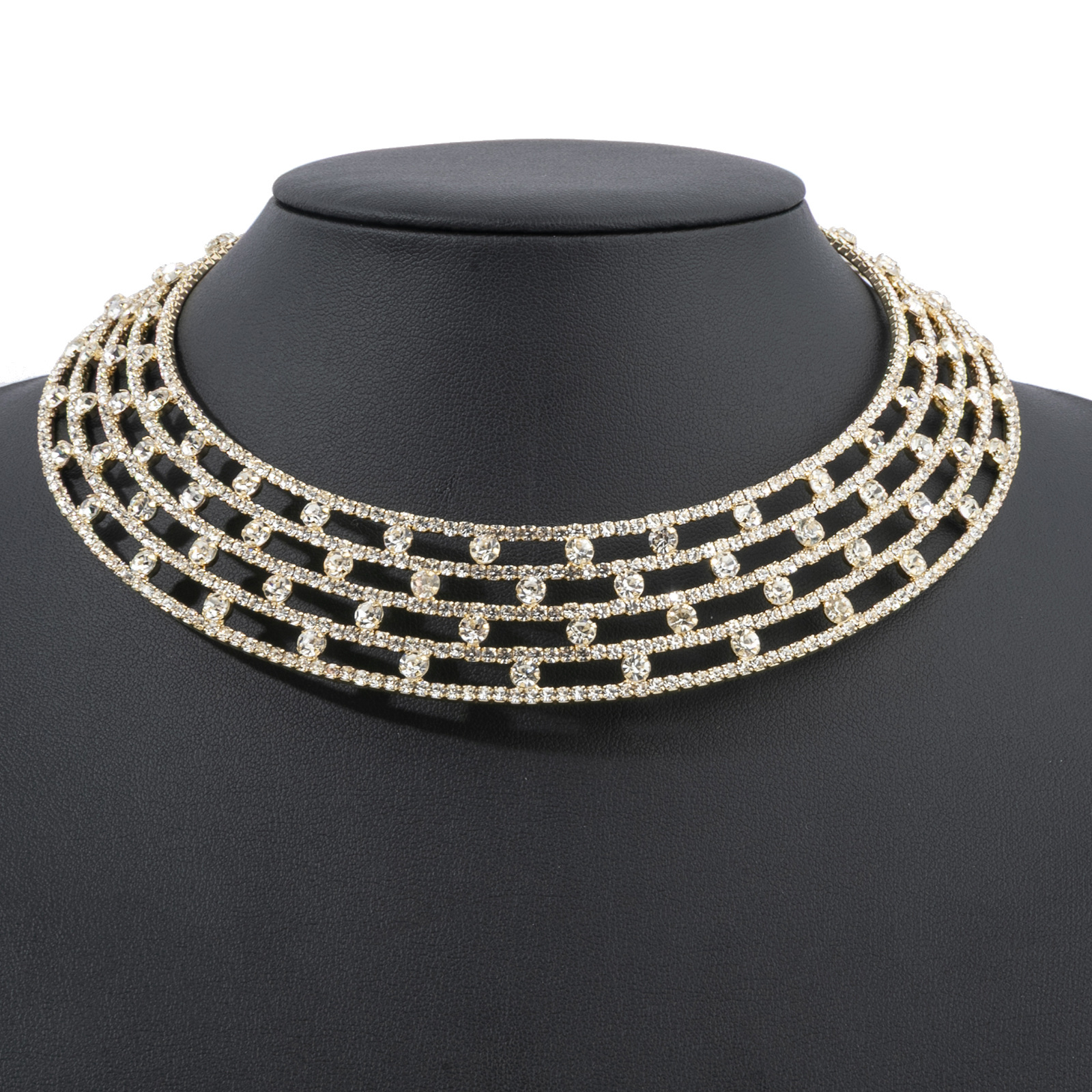 Cross-border supply of European and American 5-row steel wire elastic open necklaces, retro round choker，luxurious rhinestone, exaggerated individuality, trendy and luxurious full diamond necklaces full figure