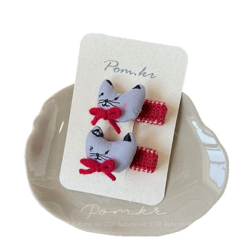 New Korean cartoon fabric cat bow hair clip, handcrafted children's side broken hair bangs clip, matching hair band Pom.kr gray fox pink smiling heart hair accessory: hair clip and hair band style, sweet girl soft and cute daily hairstyle Item Picture