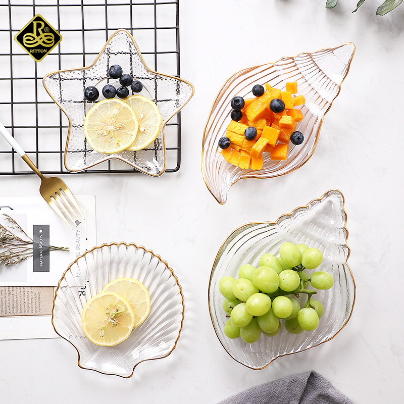 Ocean glass plate, irregular dinner plate, dessert salad plate, wind glass dried fruit snack, conch starfish shell plate details Picture