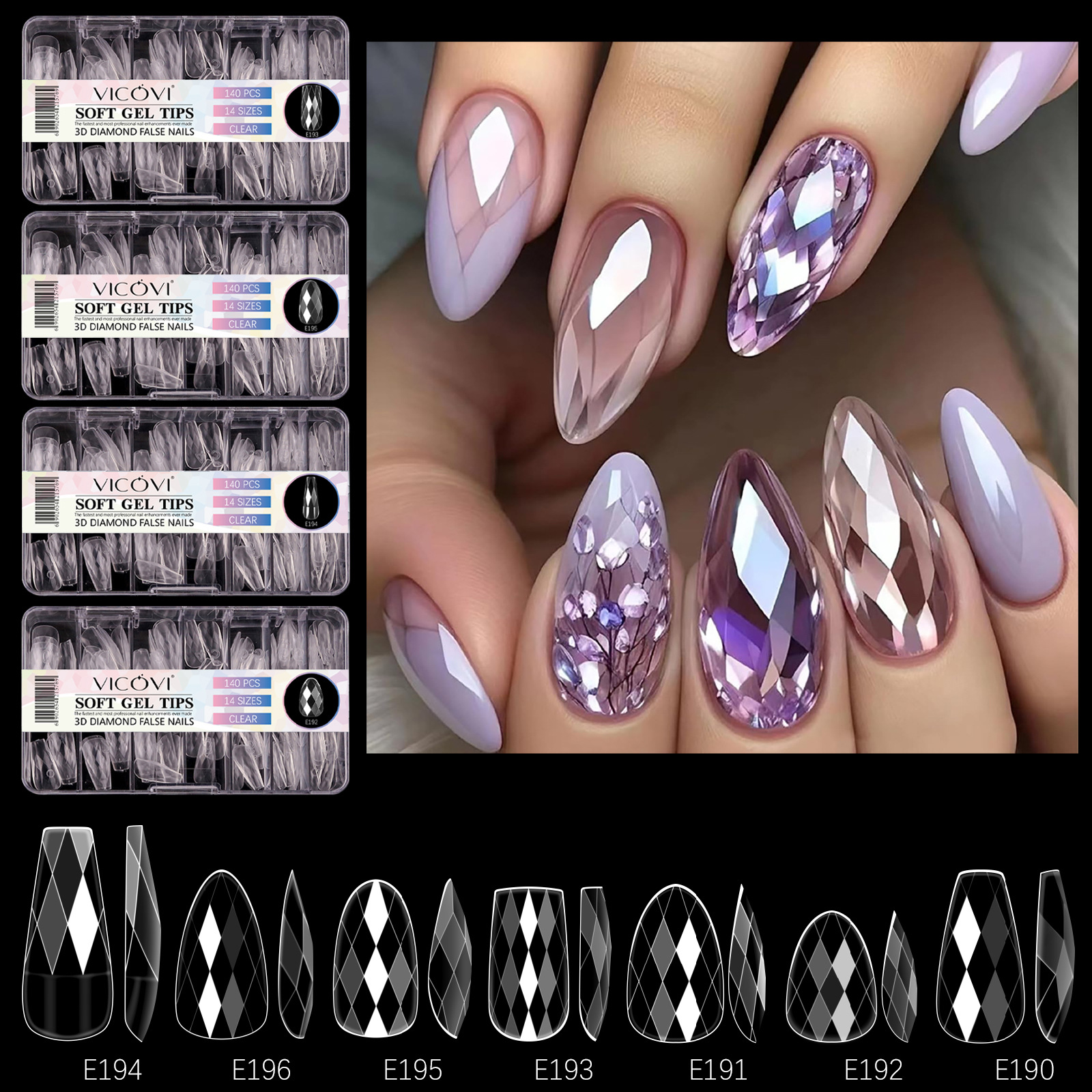 跨境欧美爆款3D菱形甲片杏仁甲芭蕾甲不规则透明假指甲片美甲批发