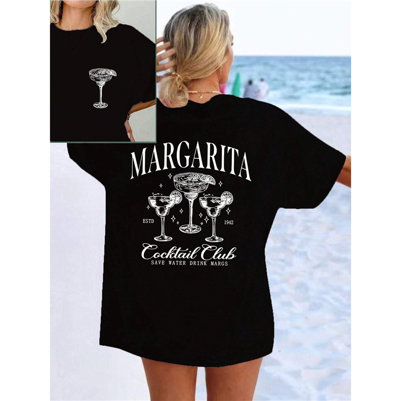 Cross-border bestseller European-style retro alcohol cocktail Fun Cotton Tini TT T-shirt Loose cotton Lady details Picture