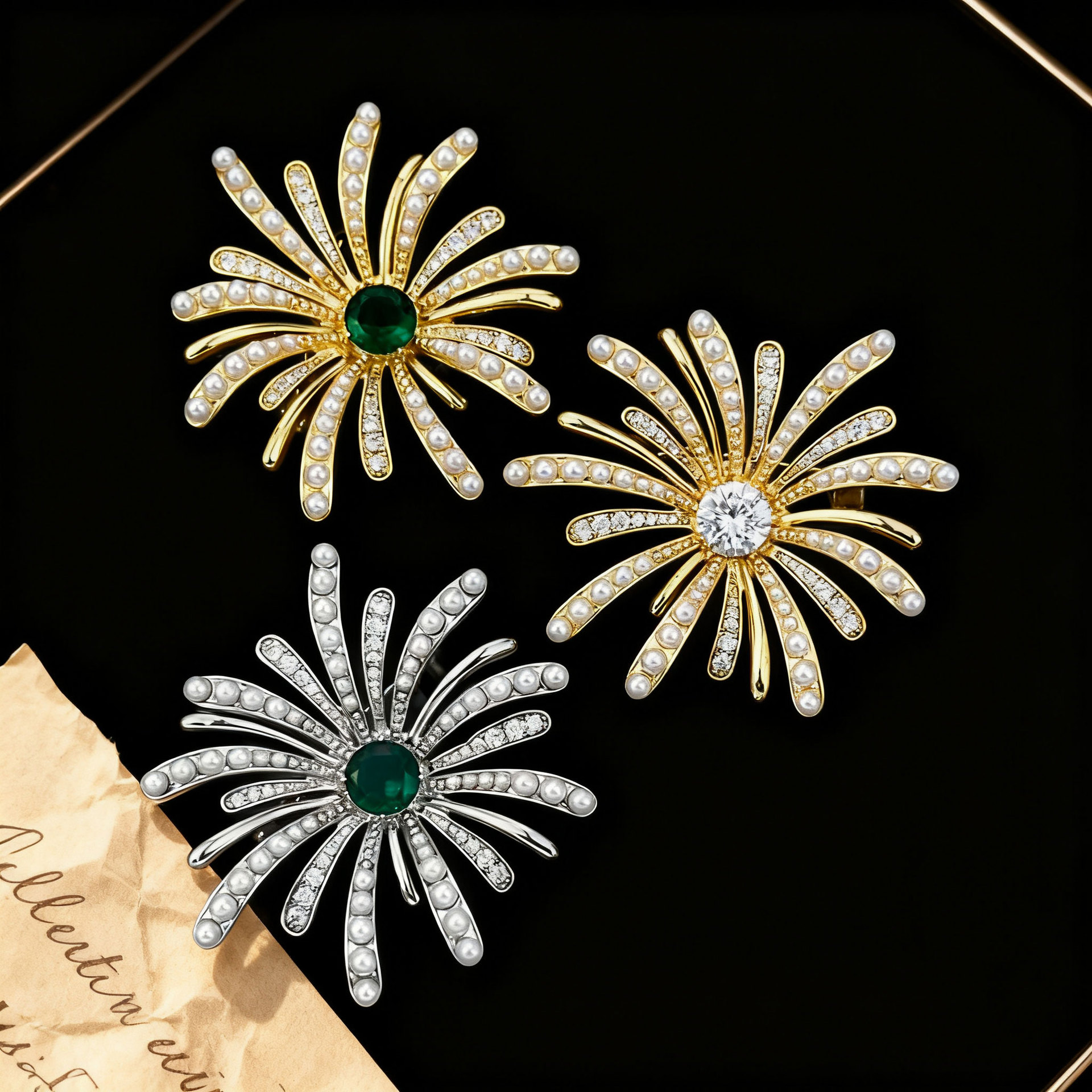 The light luxury and high-end starlight fireworks brooch features an original design of copper alloy, real gold electroplating and zircon imitation pearl Application Scenario