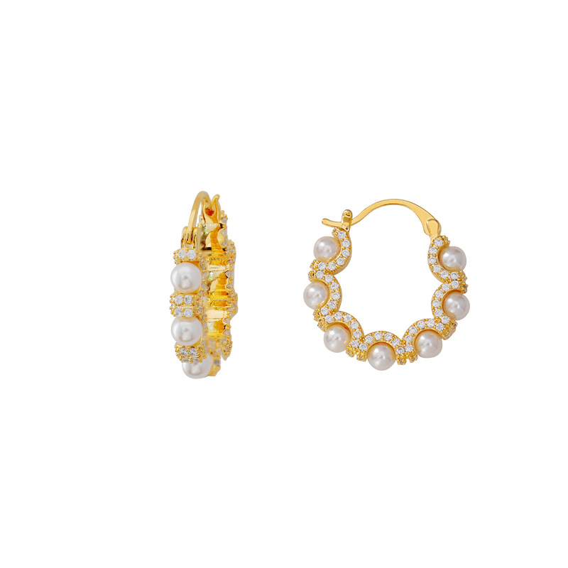 Hyacinth sweet lace-trimmed full diamond woven pearl earrings, a new, high-end, light luxury and niche design of sparkling zirconium earrings Item Picture
