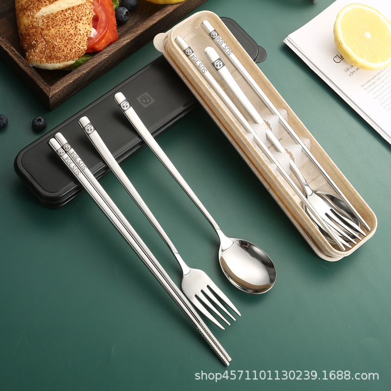 学生便捷304不锈钢勺子筷子餐具套装上班族勺叉户外便捷三件套                              细节图
