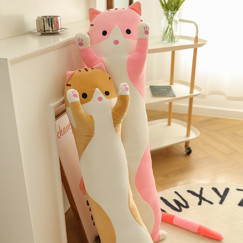 跨境长条猫胖款抱枕可爱猫咪动物公仔毛绒玩具安抚娃海外压缩包装产品图