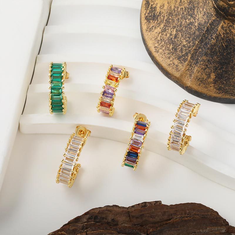 Japanese and Korean fashion semi-round stud earrings, simple and elegant for women, ins niche design, high-end feel, colorful zircon earrings and earrings details Picture