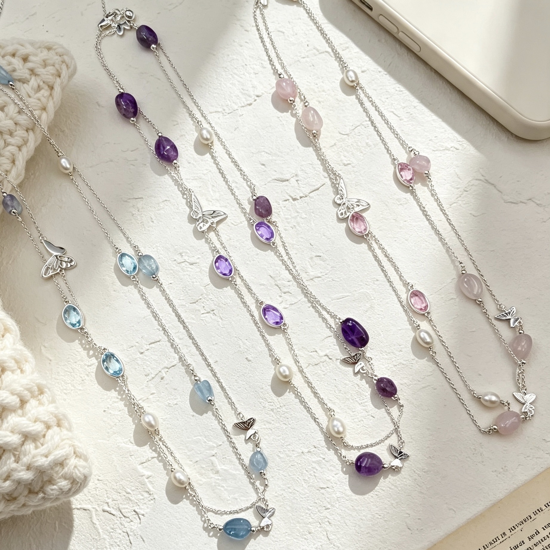 Double-layer butterfly pendant necklace, colorful round beads and pearl spliced collarbone chain, gentle and ethereal multi-color women's neck jewelry wholesale