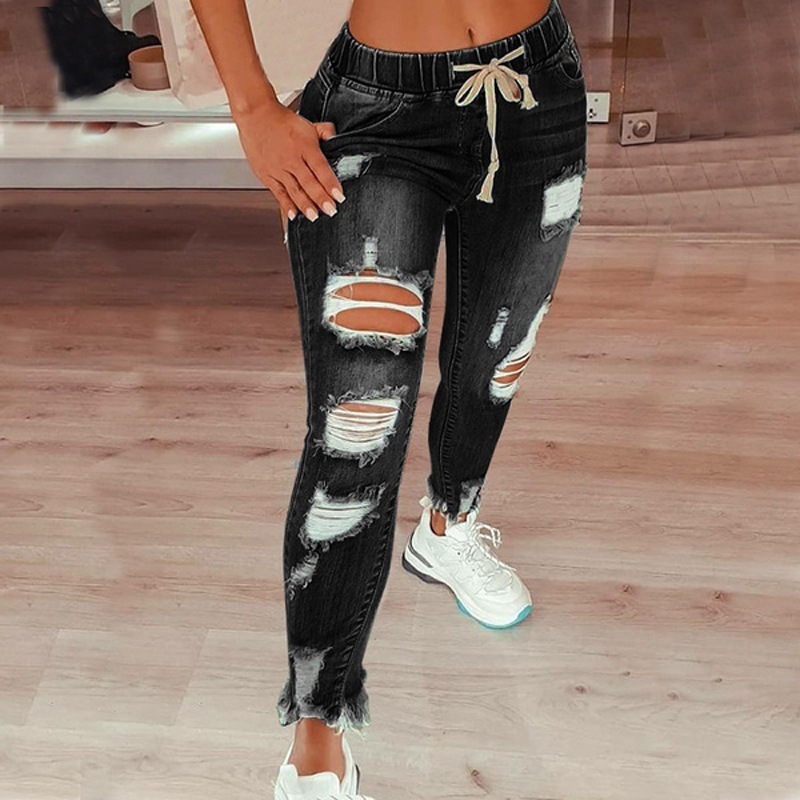 Amazon AliExpress cross-border European and American tight-waisted women's jeans, high-waisted ripped small leg lace-up long pants details Picture