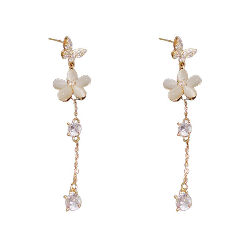 French light luxury fashion, versatile super flash zircon butterfly cat's eye stone flower tassel earrings, original manufacturer Item Picture