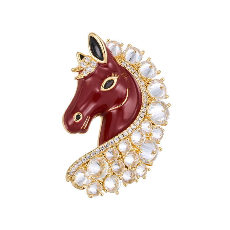 Original design: Good Luck Horse Head brooch, copper inlaid with zircon, real gold electroplated with oil, exquisite brooch, suitable for both men and women Item Picture