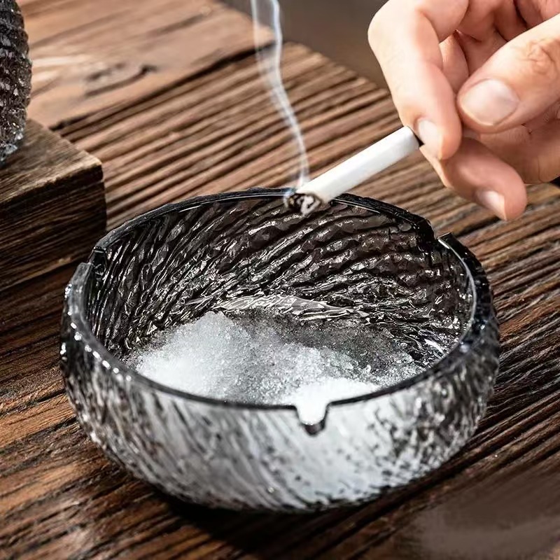 Glass ashtray anti-smoke Canghai series household living room decoration, INS style vortex threaded grey ashtray
