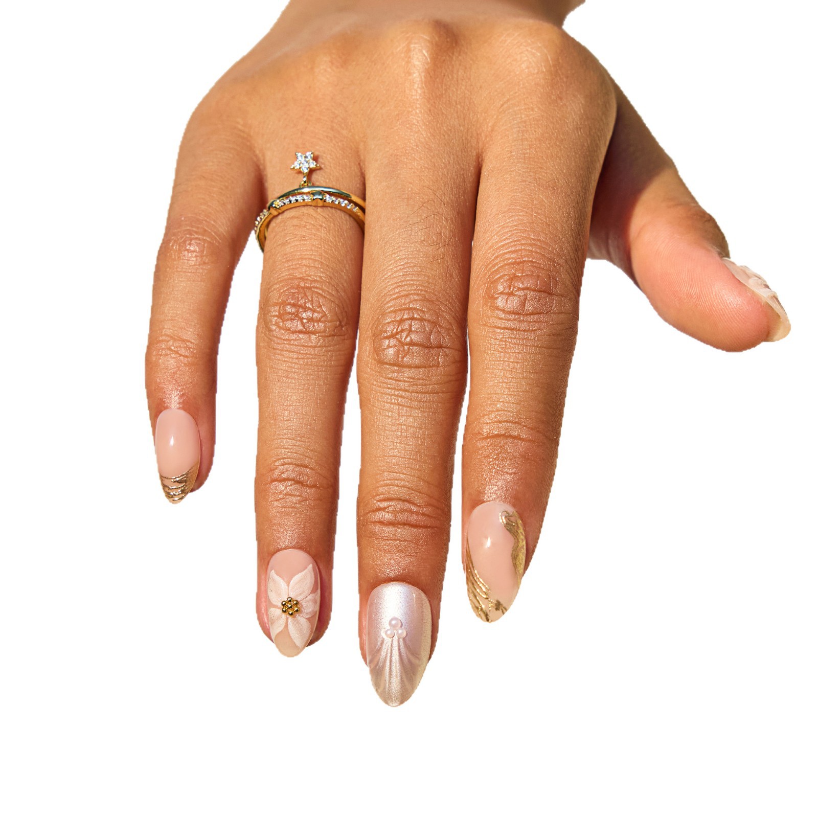 3D gold-embossed pearl export wearable nail custom high-end fake nail cross-border light luxury flower nail nail piece factory Item Picture