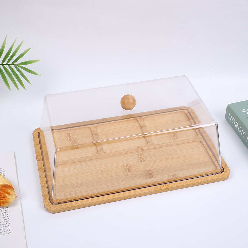 Square bamboo and wood plate with cover, transparent and dust-proof, cake and dessert display plate, restaurant and hotel snack, dim sum and dried fruit plate Application Scenario