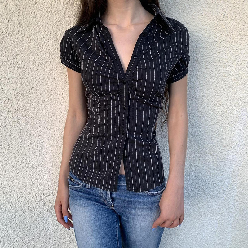 American retro striped puffed-sleeve top, waist-cinching and slimming, color-blocking versatile POLO collar button-down cardigan short-sleeved T-shirt details Picture