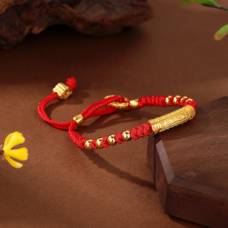 Sand gold red rope bracelet, coiled Bai Fu curved tube bracelet, copper gold-plated pendant, genuine in stock, live-streaming supply bracelet details Picture