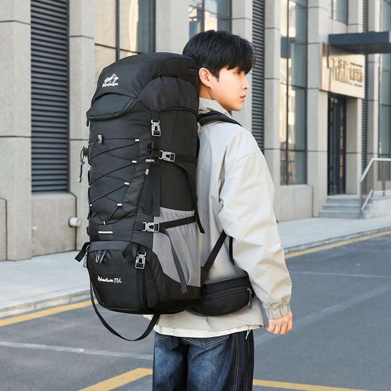 Cross-border outdoor hiking and mountaineering backpack with a large capacity of 75 liters, detachable suspended backplate and water-resistant fabric