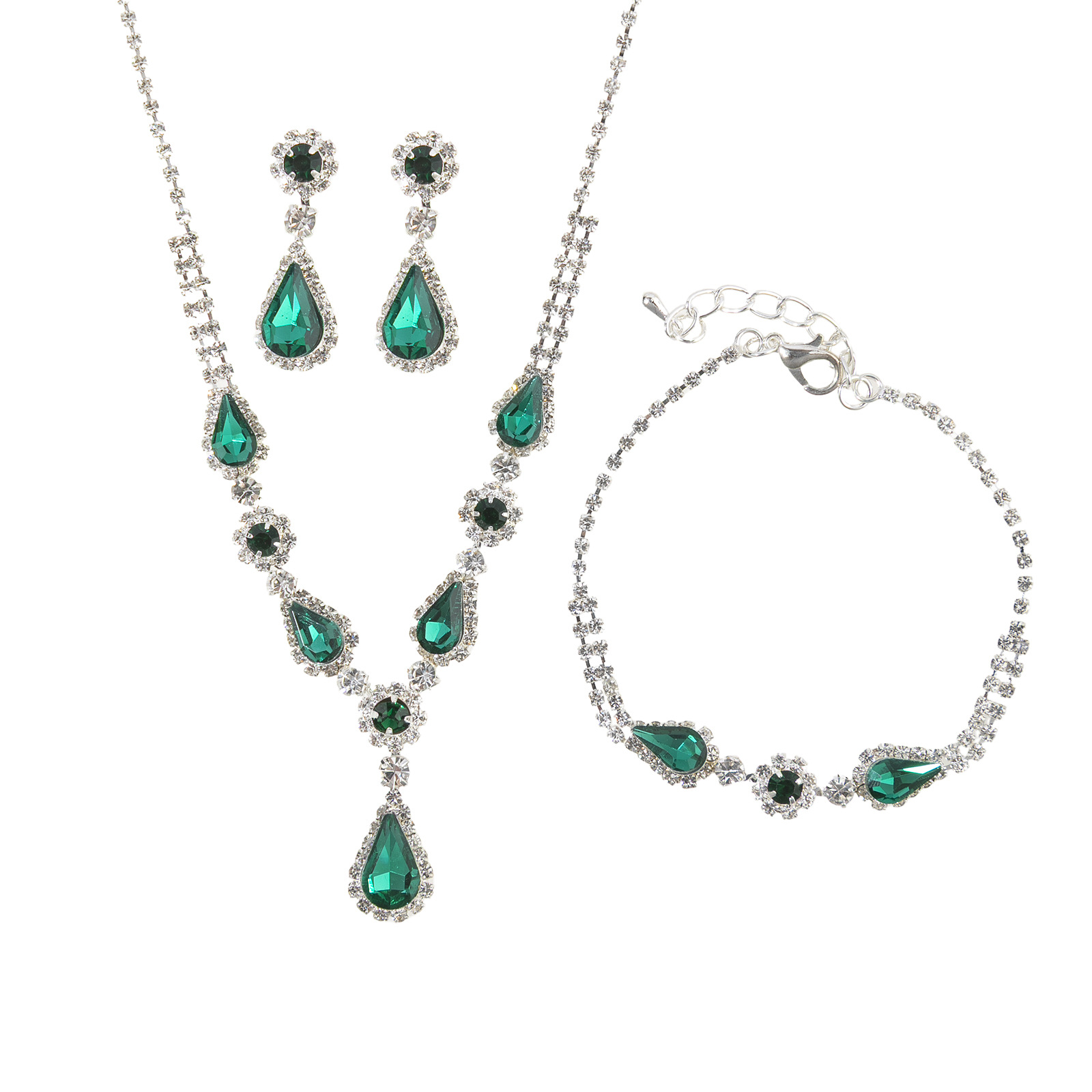 Three-piece set of luxury jewelry for cross-border European and American brides, green rhinestone teardrop-shaped jewelry set, wedding dress accessories for women