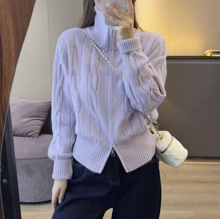 Solid-color casual double-zipper twisted knit cardigan coat, fashionable and versatile, new autumn and winter style sweater top for women Application Scenario