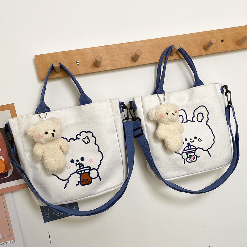 Cross-Border Cartoon Small Canvas Bag, Cute Cartoon Bear Rabbit, Ins Girl Student Shopping Bag, Storage, Fashionable Crossbody Small Cloth Bag, Canvas Bag, Handbag, Simple Canvas Bag