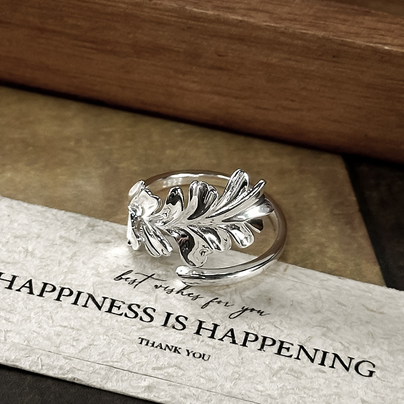 925纯银不规则银杏叶戒指女小众独特精致食指戒轻奢设计ins风指环