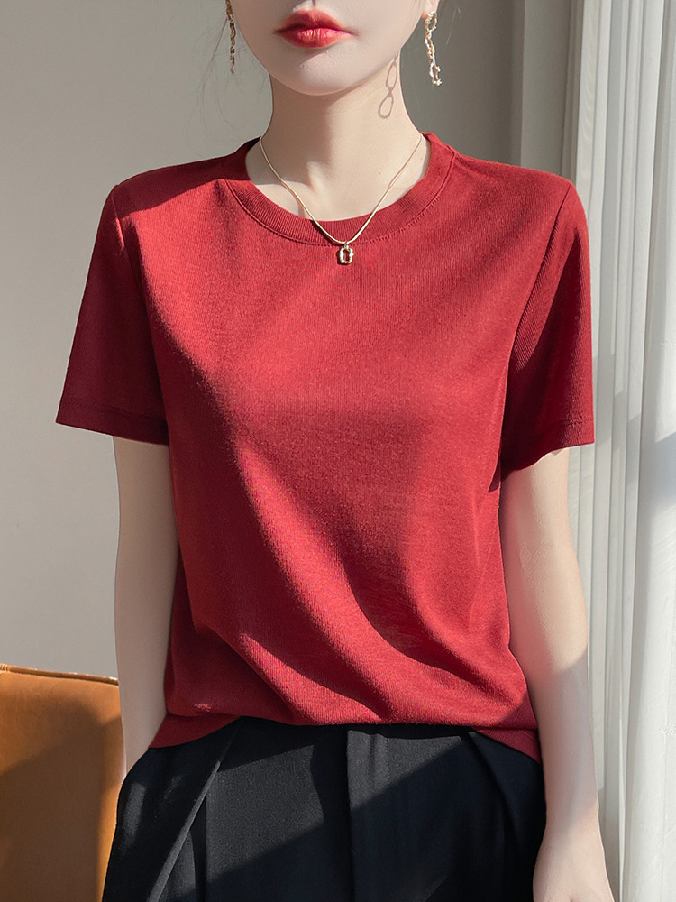 Tencel Lyocell short-sleeved T-shirt for women, round-neck solid color casual and elegant top, half-sleeved base, factory wholesale women's clothing details Picture
