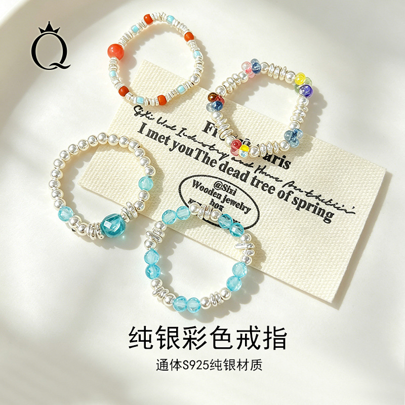 S925纯银弹力戒指女原创手工串珠进口碎银戒指百搭叠戴天然石指环