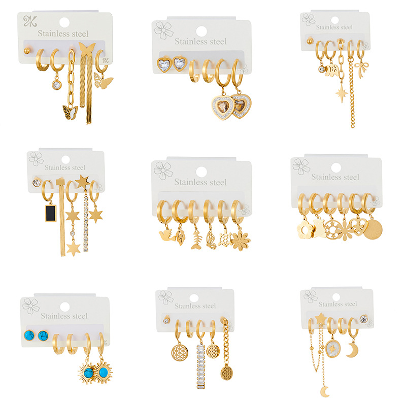 新款钛钢镶钻耳环套装简约时尚镂空星星月亮掉坠耳饰品女厂家批发