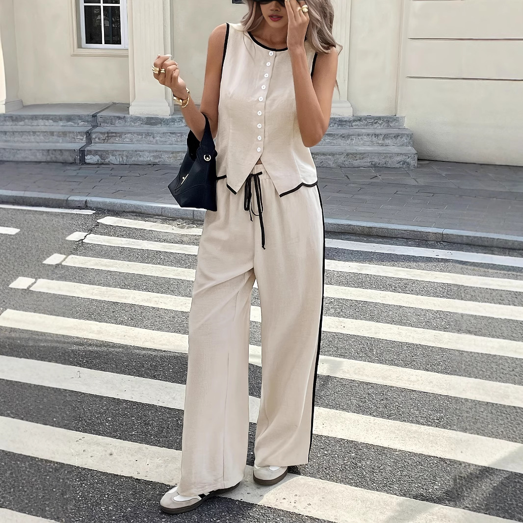 Summer cross-border trade European and American size women's color-matched sleeveless single-breasted vest and drawstring long pants set in stock full figure