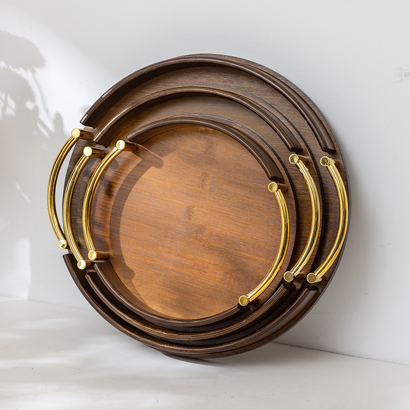 Simple round tea set tray with handle, high-end bamboo tea tray for home use, restaurant and kitchen, pastry and fruit tray Specification drawing