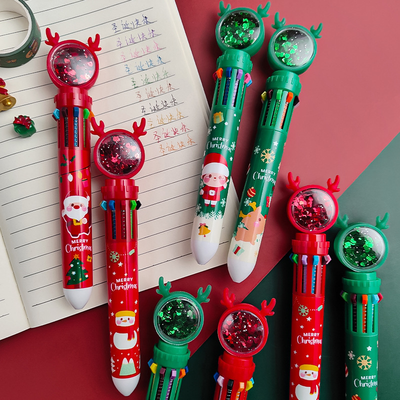 New Christmas card glitter Christmas reindeer snowman multi-color pen Creative planner pen 10-color press Ballpoint pen details Picture