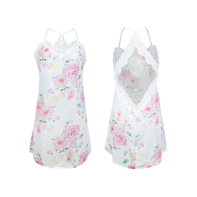 Feiyun Cross-border Nightgown Underwear, Sexy chiffon pajamas, women's printed halter nightgown, see-through home wear, 550 Item Picture