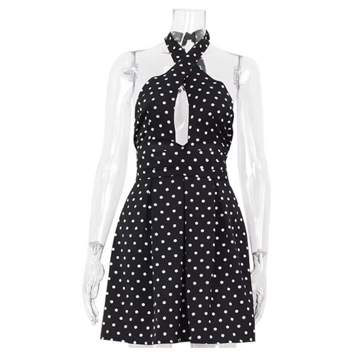 Cross-border European and American style sexy and hot girl fashion polka dot print dress, nightclub style cross-neck halter backless short skirt Item Picture