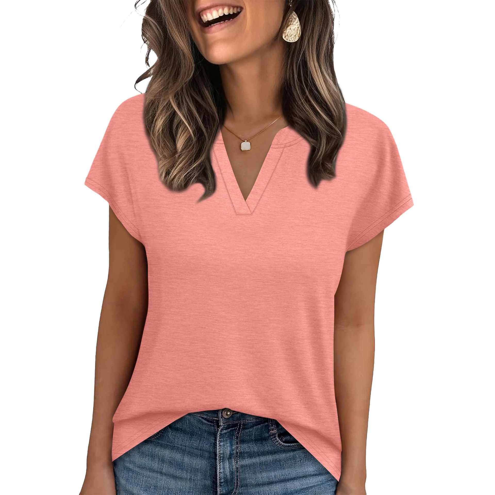 Amazon europa y Estados Unidos cross-border comercio exterior primavera verano 2026 nuevo color sólido cuello V holgado manga corta camiseta tops casuales mujeres Item Picture