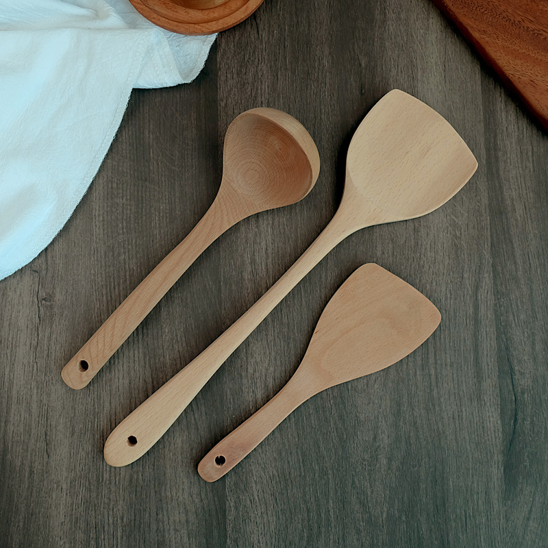 Factory direct supply of beech wood spatulas, spoons, wooden kitchenware, high-temperature resistant, anti-slip and anti-scald wooden spatulas, natural wood color kitchenware sets details Picture
