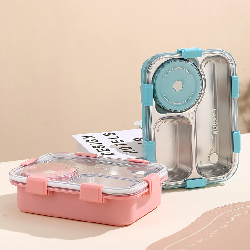 大三格镭射印简约款饭盒304不锈钢儿童小学生分格餐盘保温饭盒产品图