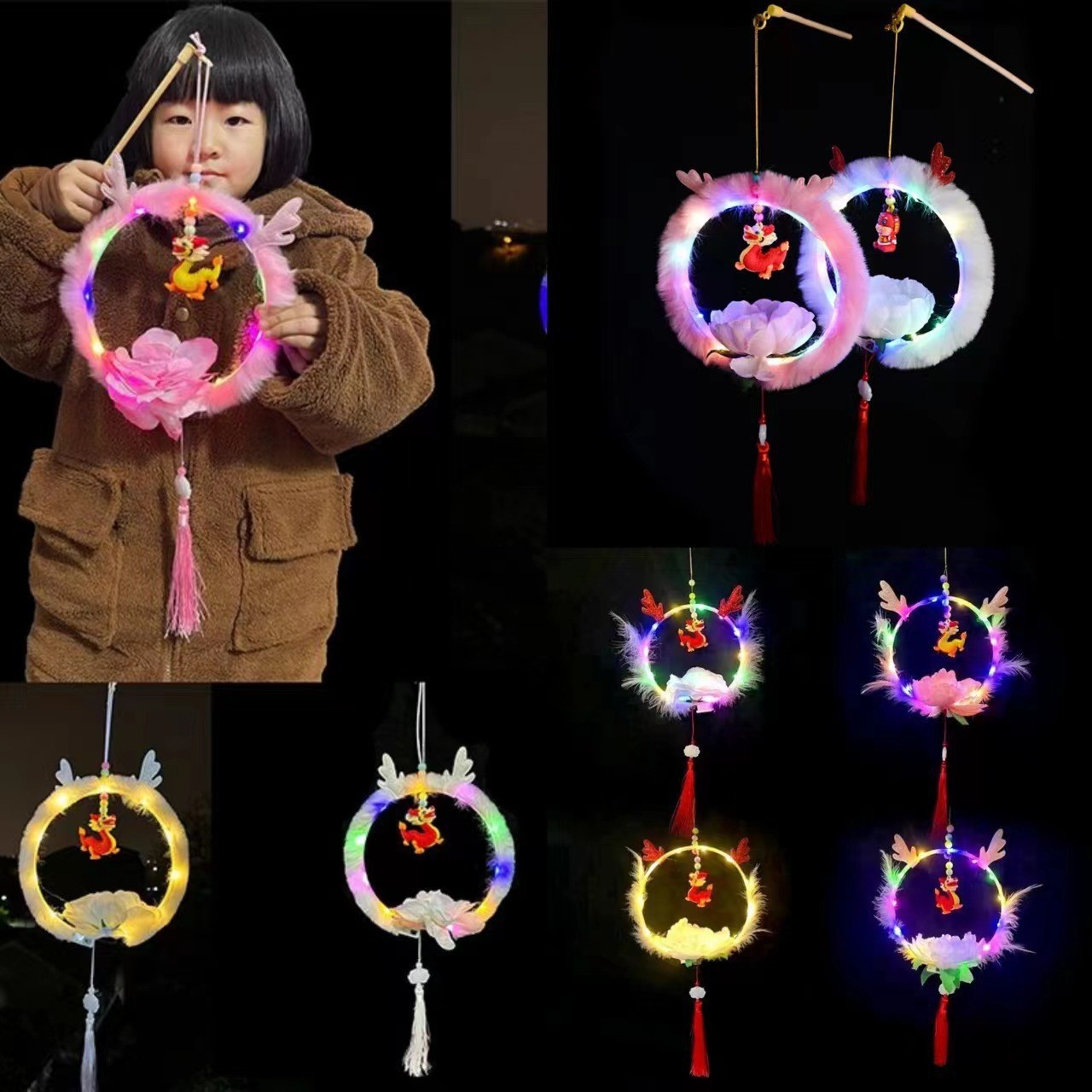 闪光龙花灯手提发光龙灯新年玩具过年装饰古风龙角灯笼地摊批发